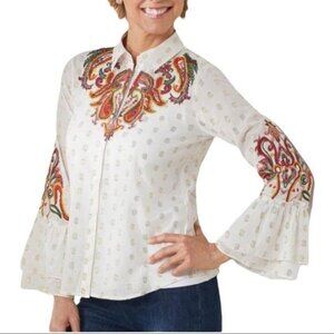 Soft Surroundings Flamenco Bell Sleeve Gold Embroidered Button Down Shirt Size L